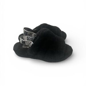 UGG Black Fuzzy Slippers with Logo Strap